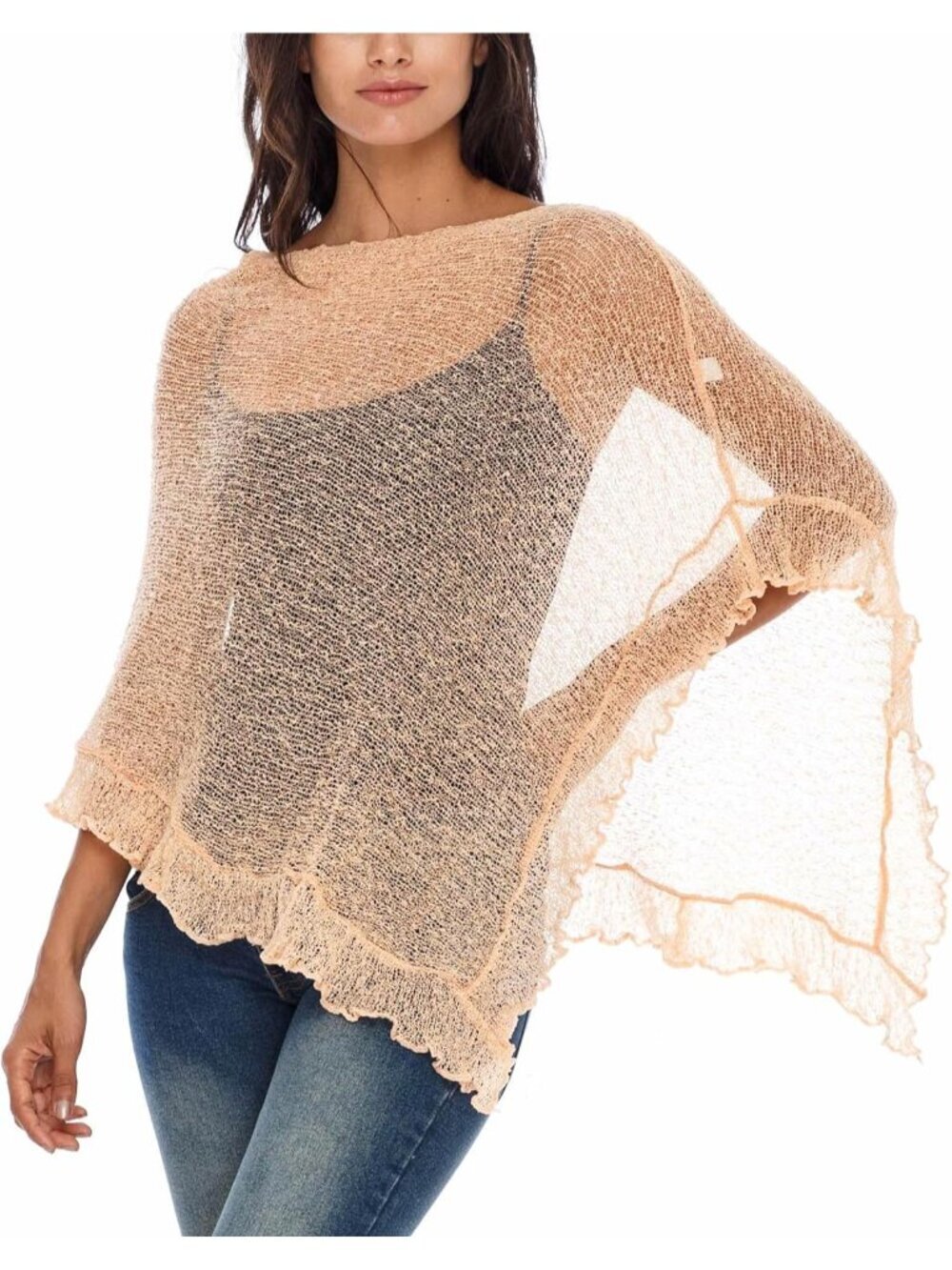 Women’s Peach Sheer Knit Poncho Shrug Lightweight Asymmetrical Ruffle Wraps